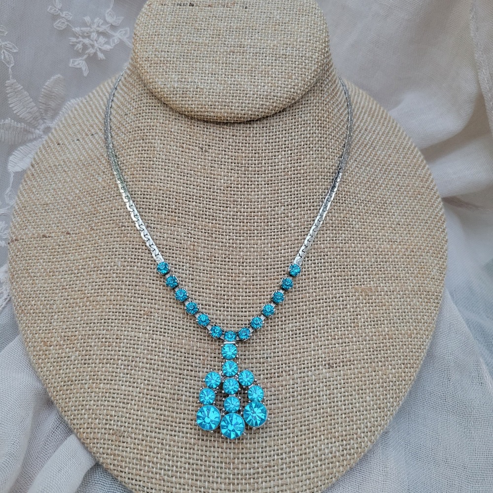 Vintage 1960s Ice Blue Rhinestone and silver-tone chain statement necklace